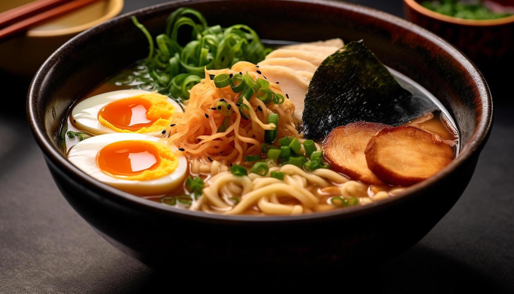 Gourmet meal Fresh ramen noodles, pork, and vegetables in bowl generated by AI photo