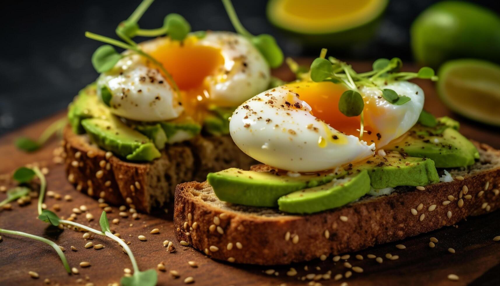 frescura y sano comiendo en un de madera plato con aguacate generado por ai foto