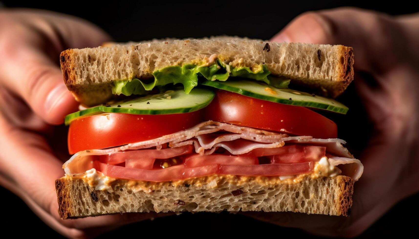 Freshly grilled ciabatta sandwich with pork, tomato, and mozzarella cheese generated by AI photo