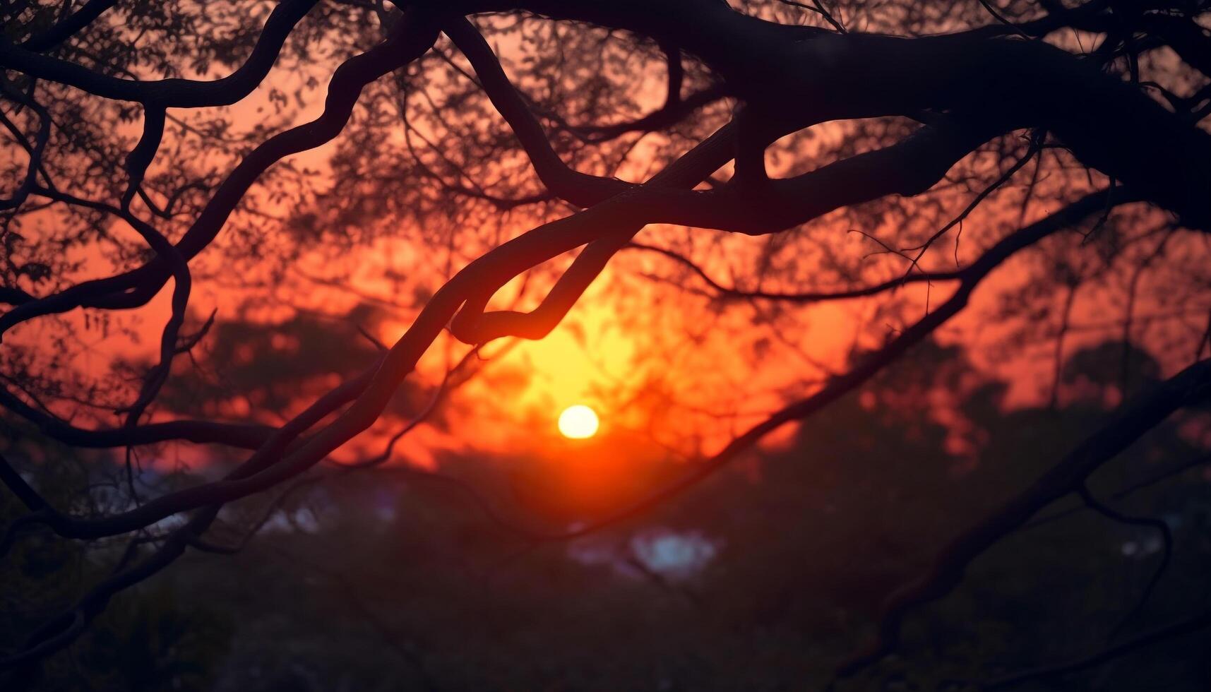 silueta de árbol, naturaleza belleza en puesta de sol tranquilo crepúsculo generado por ai foto