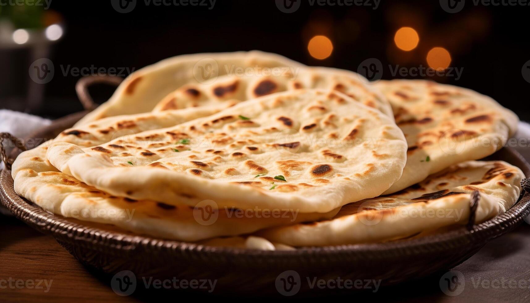 Freshly baked homemade pita bread on wooden table, ready to eat meal generated by AI photo