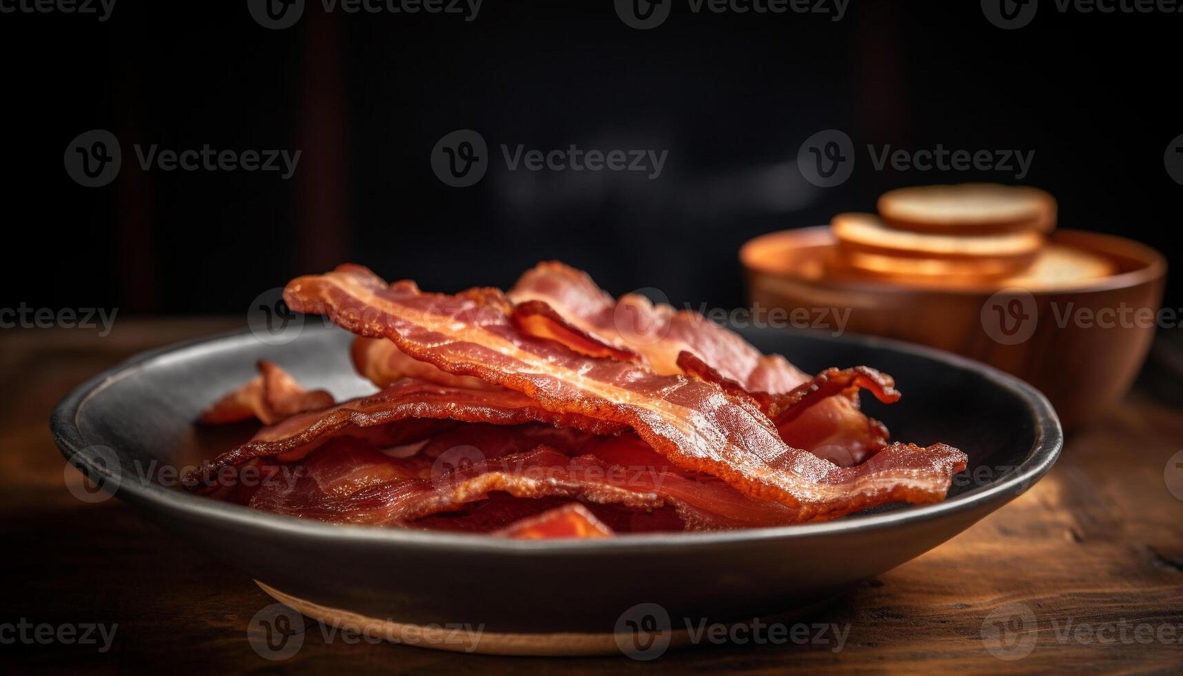 Close up of smoked pork bacon on rustic wood table for lunch generated by AI photo