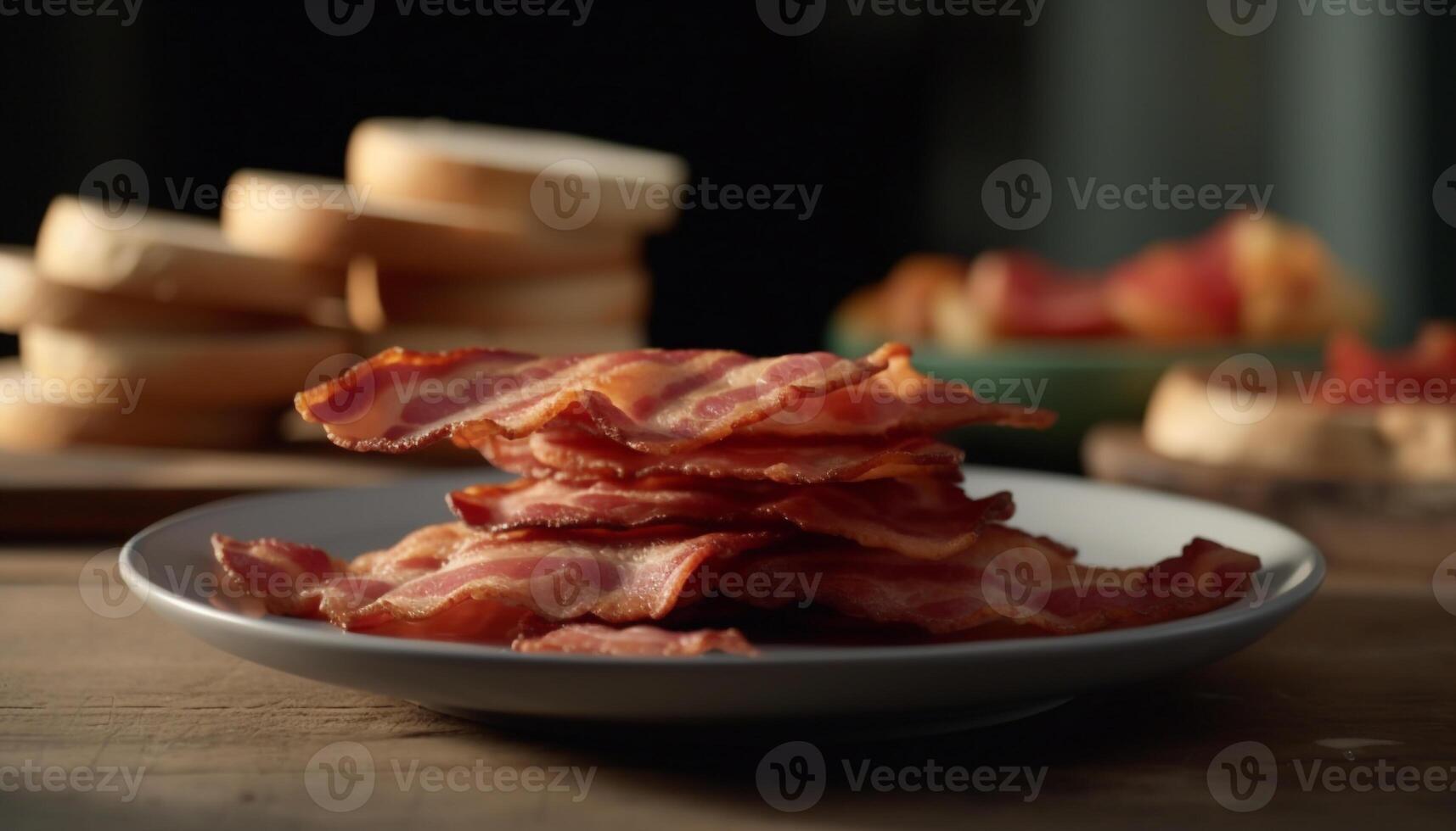 Fresh prosciutto on a wooden plate, a gourmet meat snack generated by AI photo