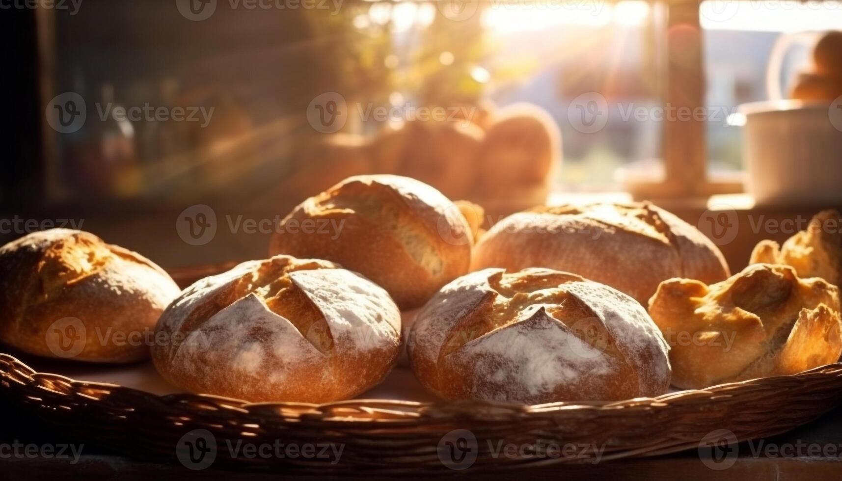 Freshly baked bread in a rustic basket on a wooden table generated by AI photo