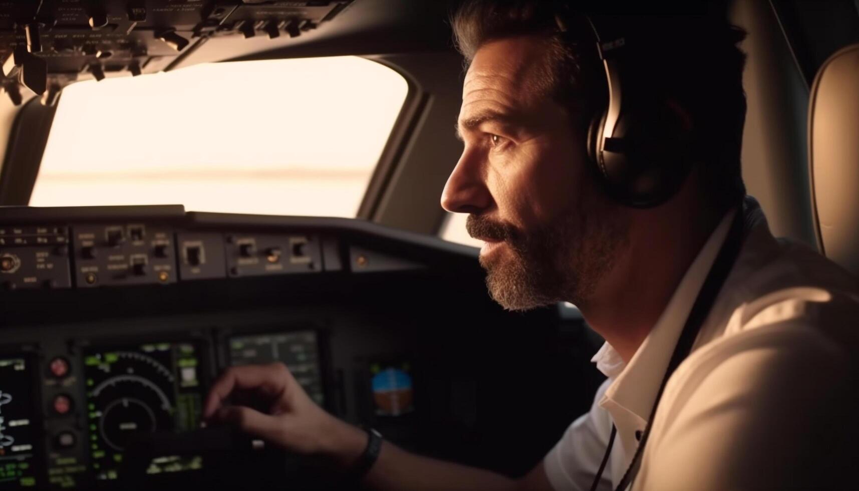 A male pilot driving an airplane cockpit with headphones on generated by AI photo