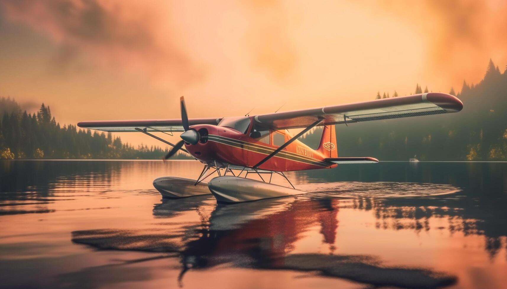 A seaplane soars over water, nature tranquil scene at dusk generated by AI photo