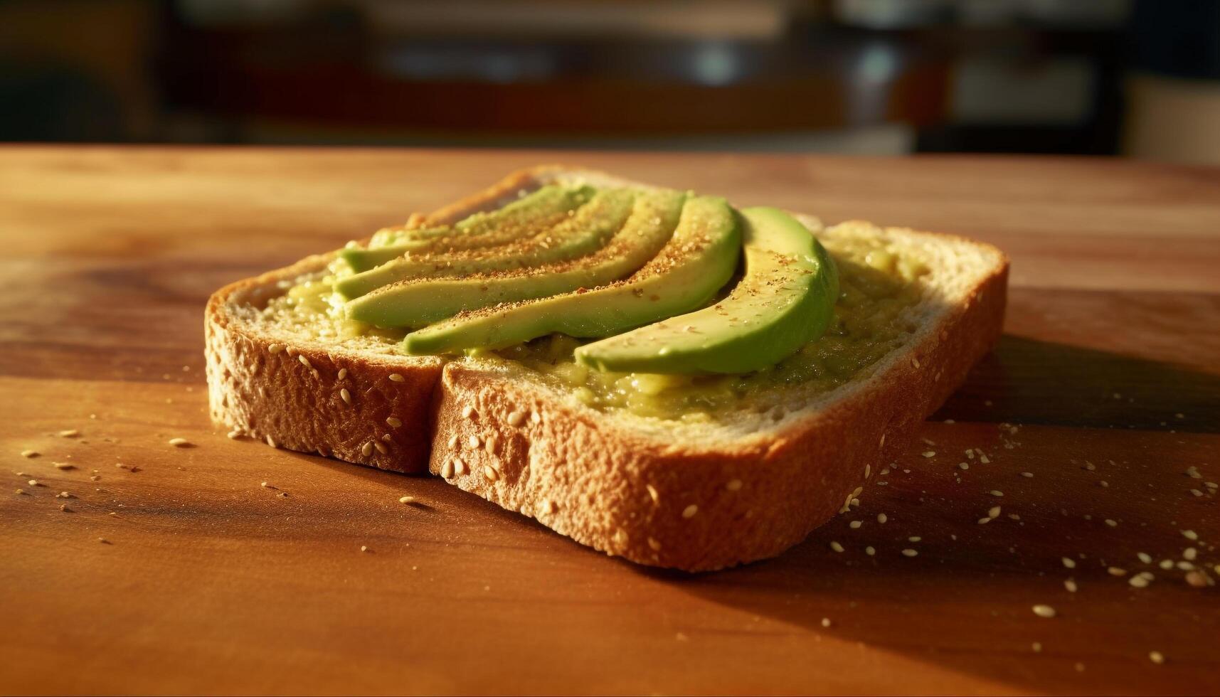 frescura y sano comiendo en un de madera corte junta, aguacate emparedado generado por ai foto