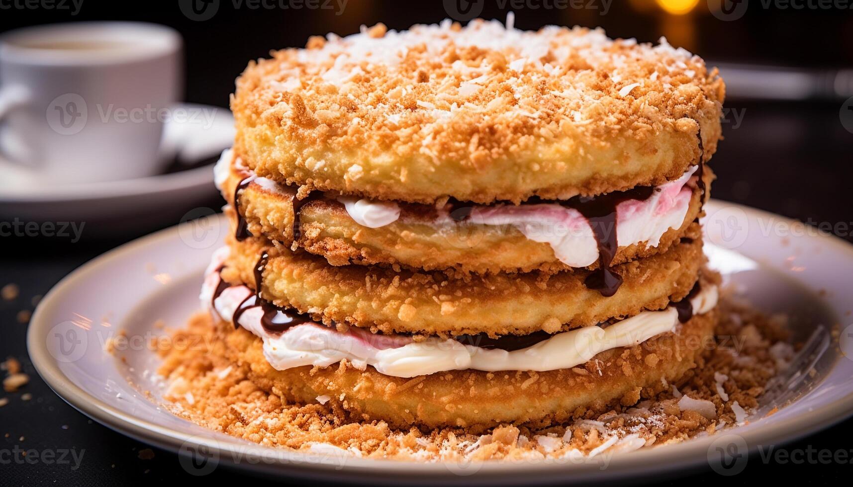Fresh homemade pancake stack with chocolate sauce on wooden table generated by AI photo