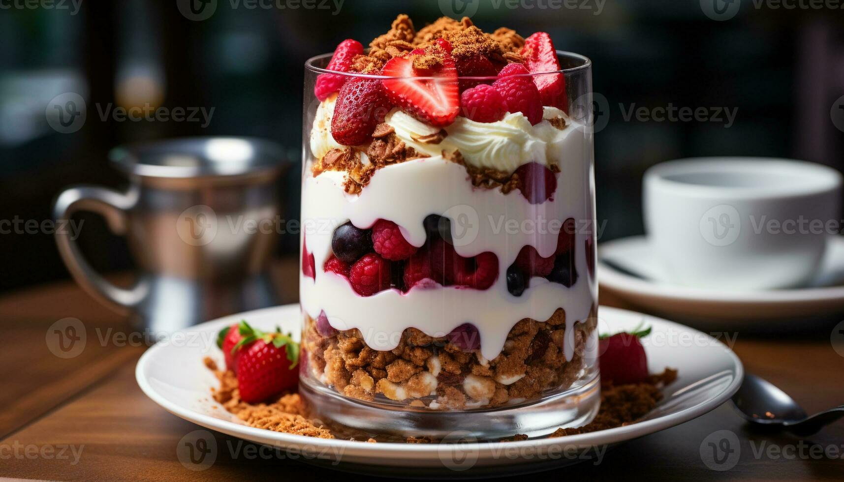 Fresh fruit dessert on wooden table with whipped cream and coffee generated by AI photo