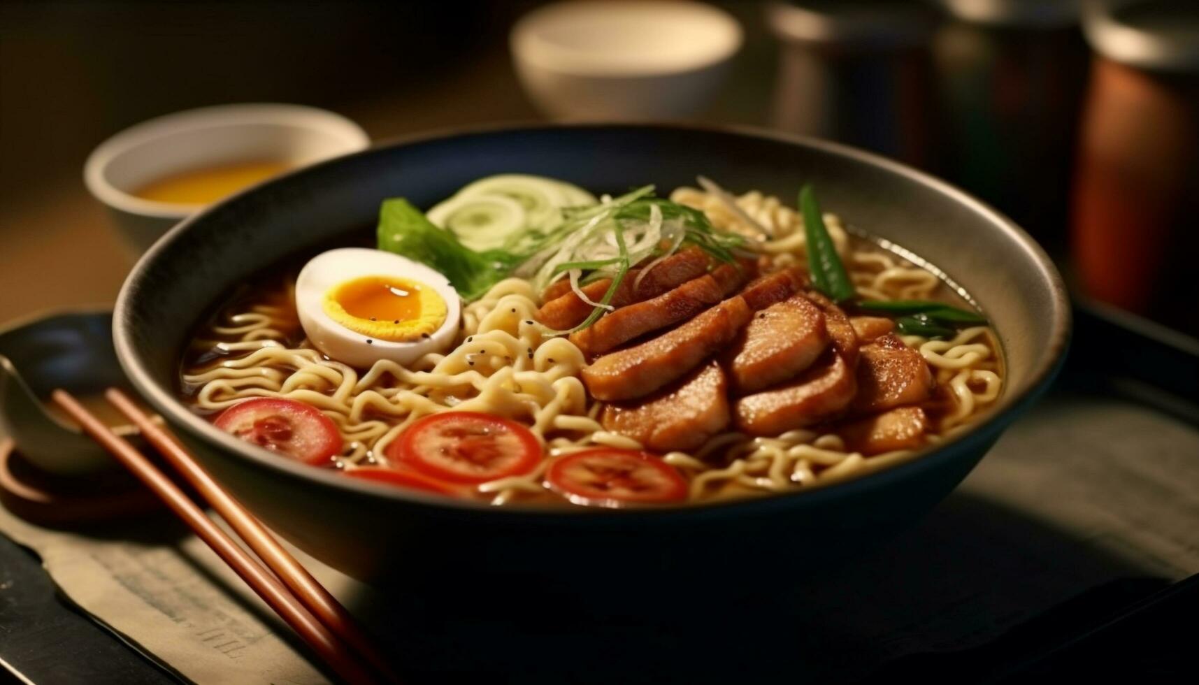Freshly cooked ramen noodles with pork, vegetables, and miso soup generated by AI photo