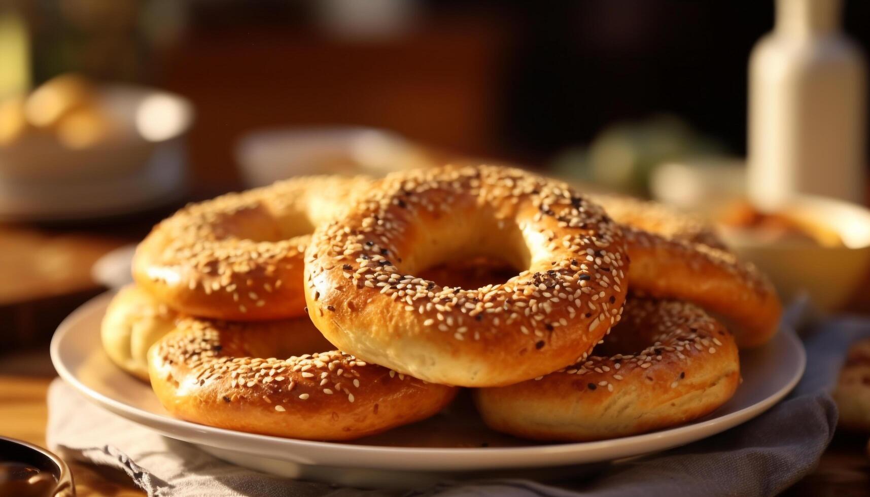 Freshly baked bagel on a rustic table, ready to eat healthy snack generated by AI photo