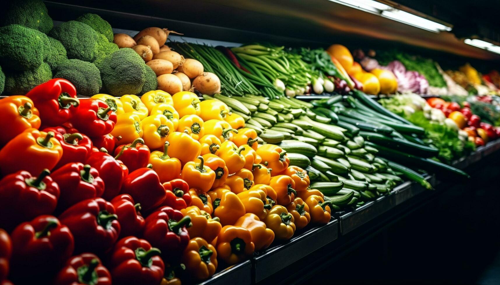 Freshness and variety of organic vegetables in a healthy supermarket generated by AI photo