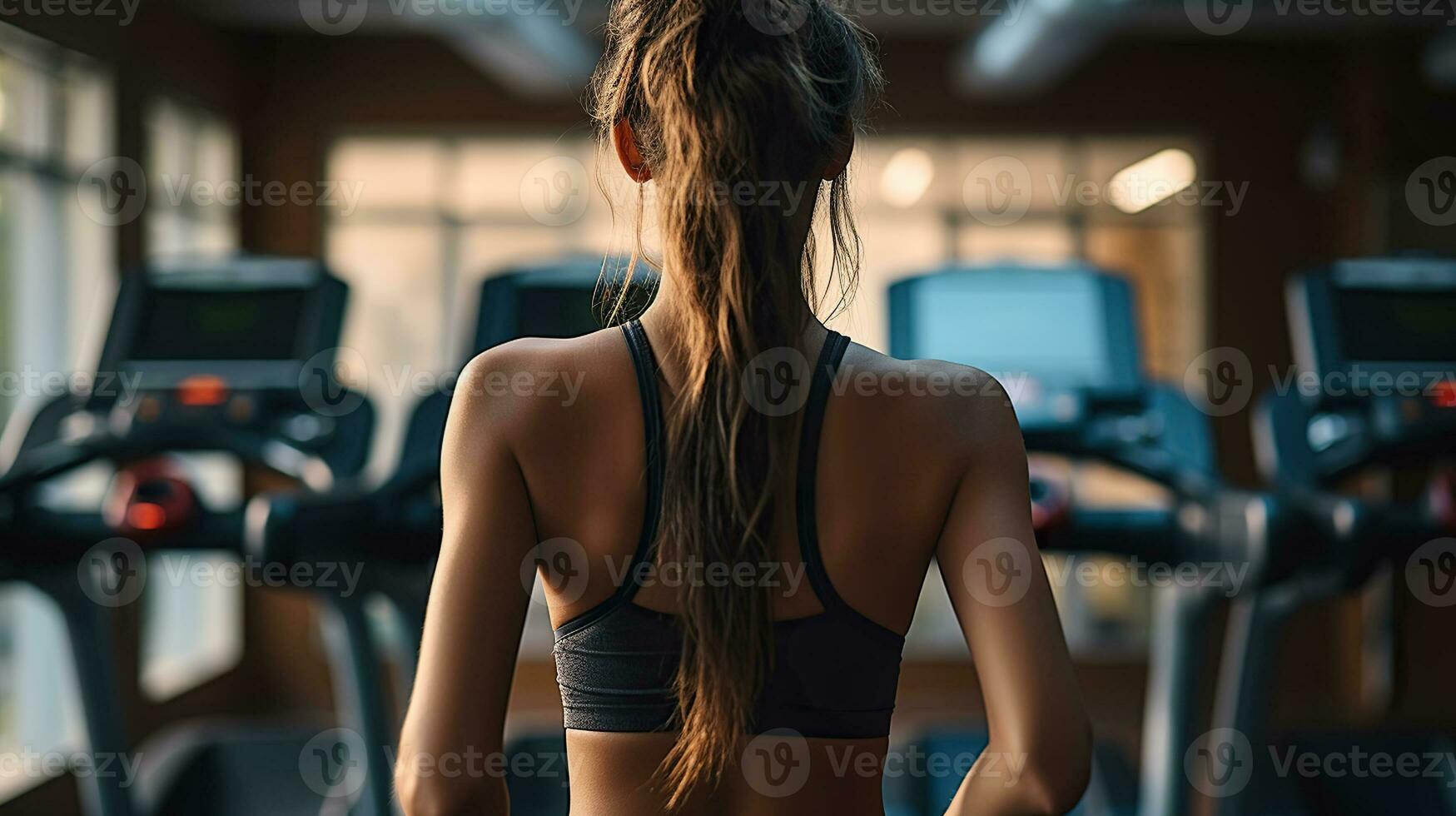 Capturing the Back View of woman on a treadmill in a gym photo