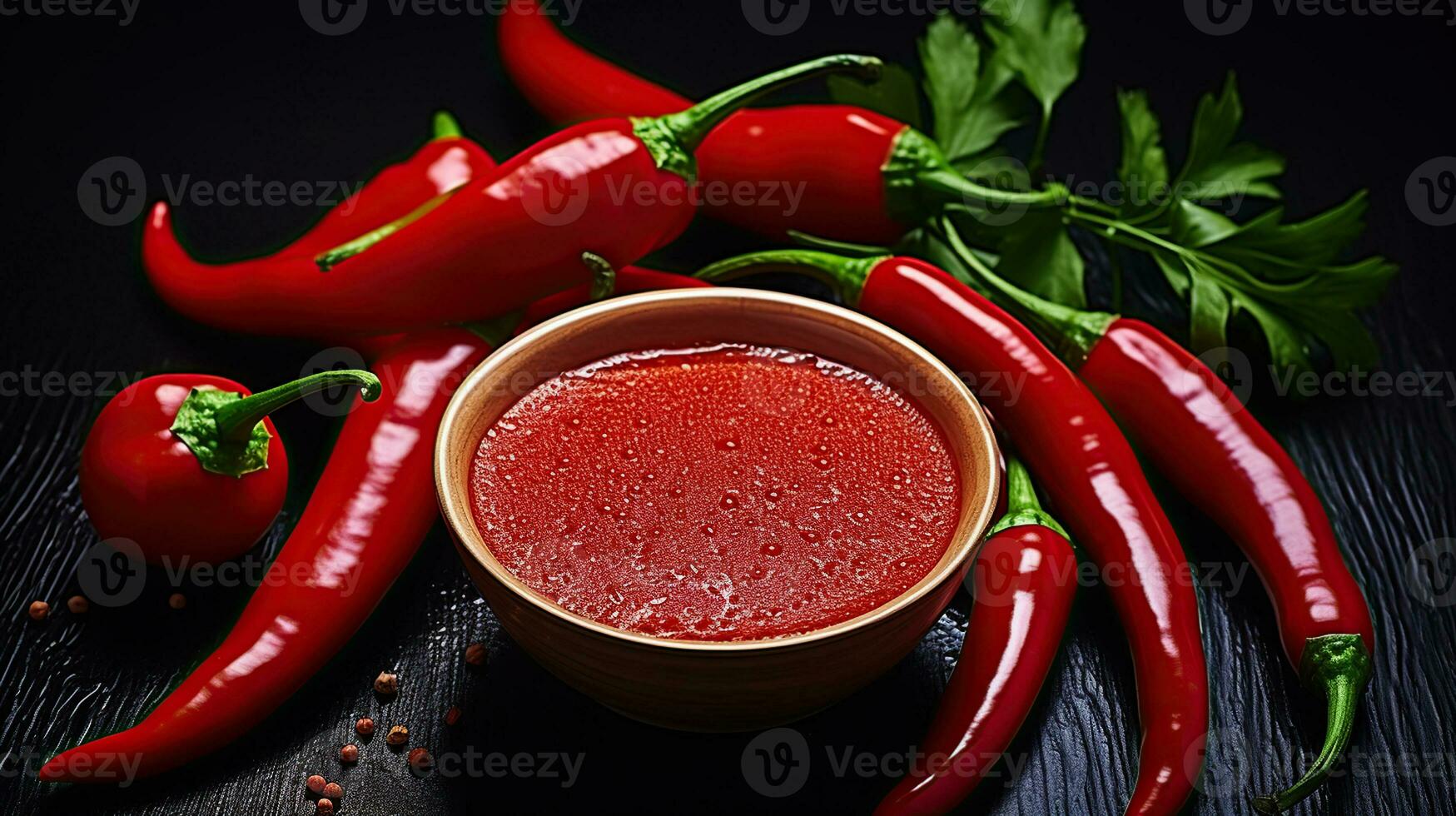 Red pepper. Red hot pepper and seasoning. Bitter and spicy red pepper sauce. photo