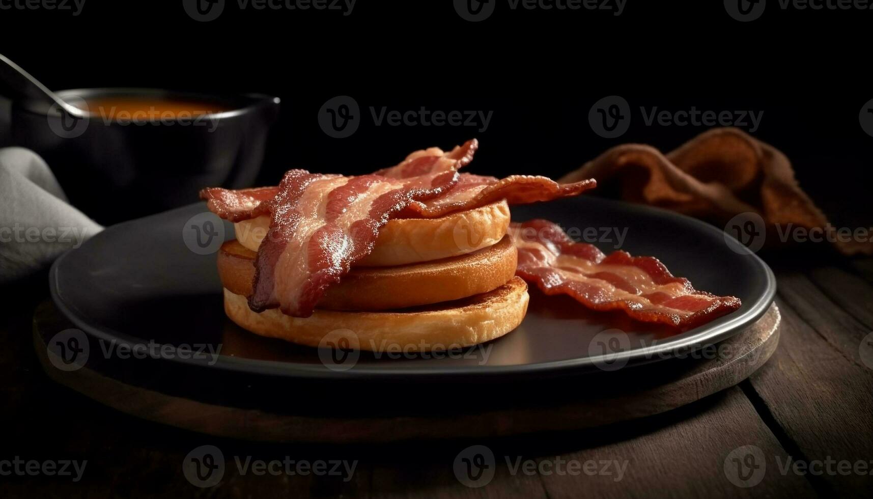 A rustic plate of prosciutto and bacon on a wooden table generated by AI photo