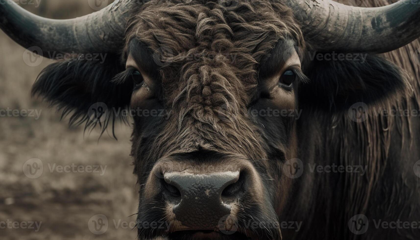 Cattle grazing on grass, close up portrait of cute cow generated by AI photo