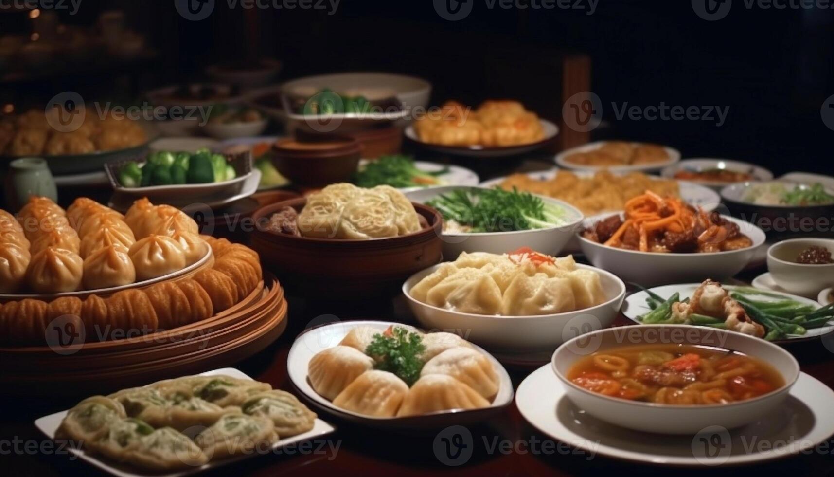 frescura y variedad en un chino oscuro suma almuerzo buffet generado por ai foto