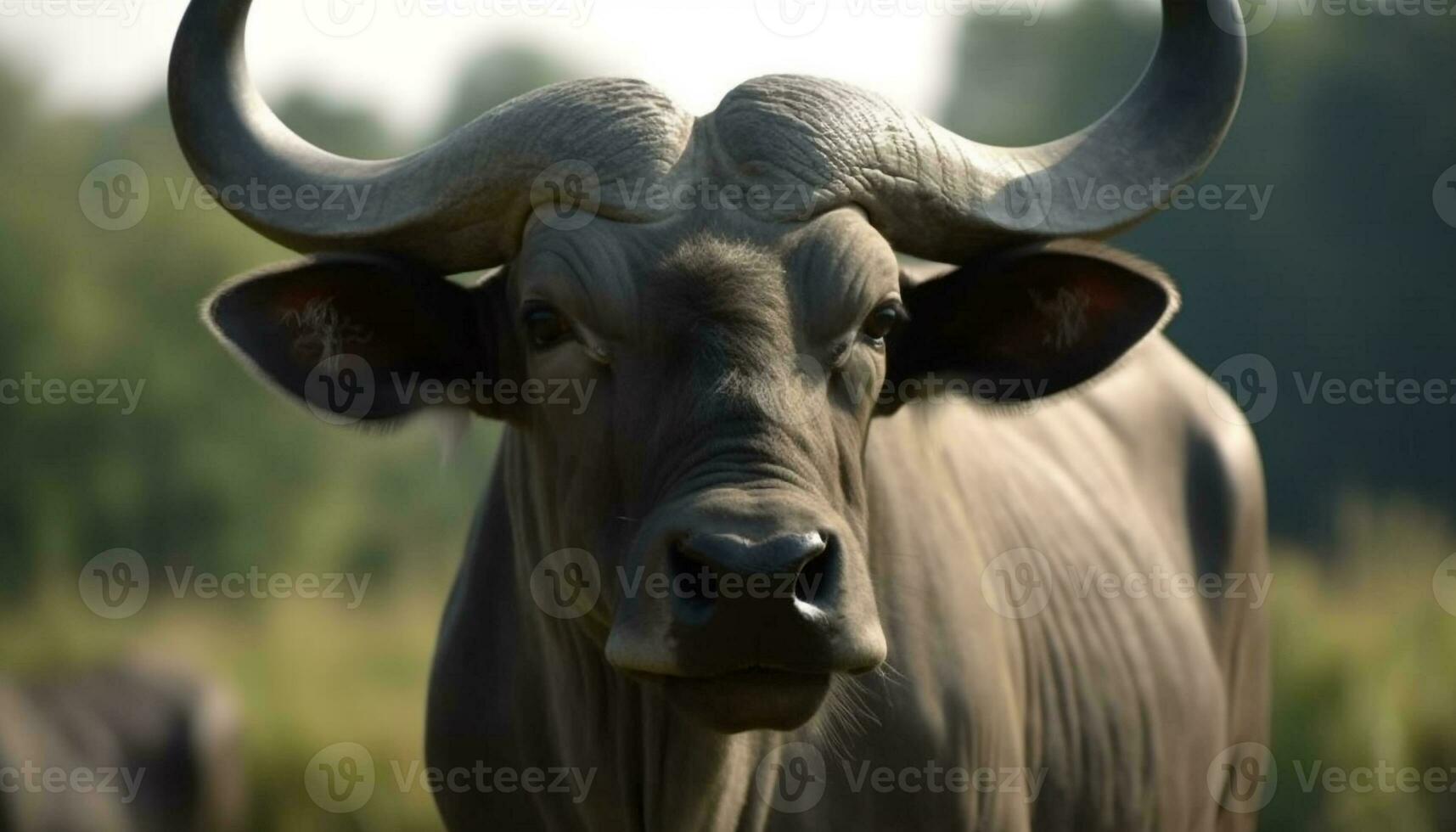 Close up portrait of a horned cow grazing in a green meadow generated by AI photo