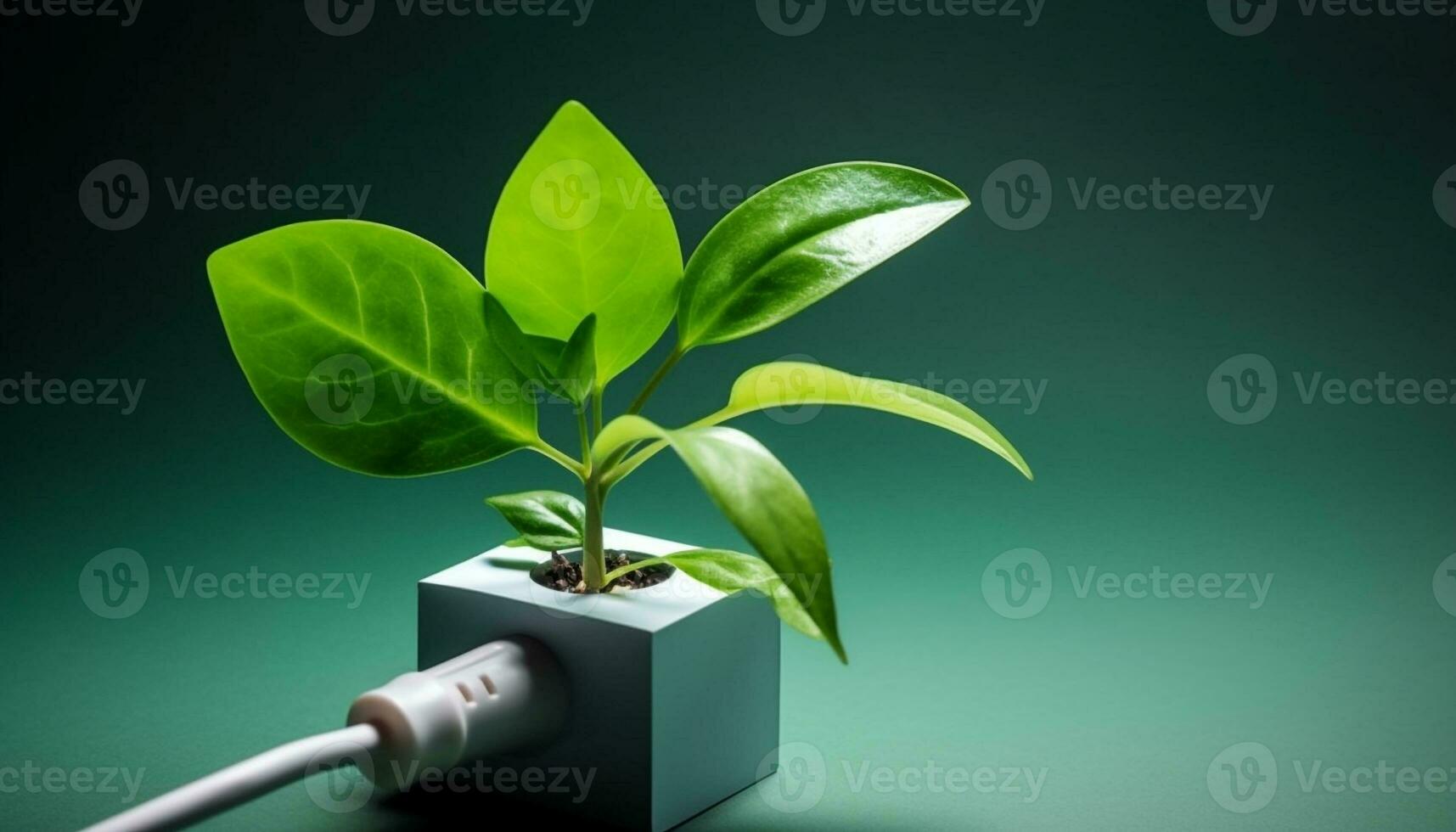 Green plant symbolizes sustainable energy, charging nature with clean power generated by AI photo