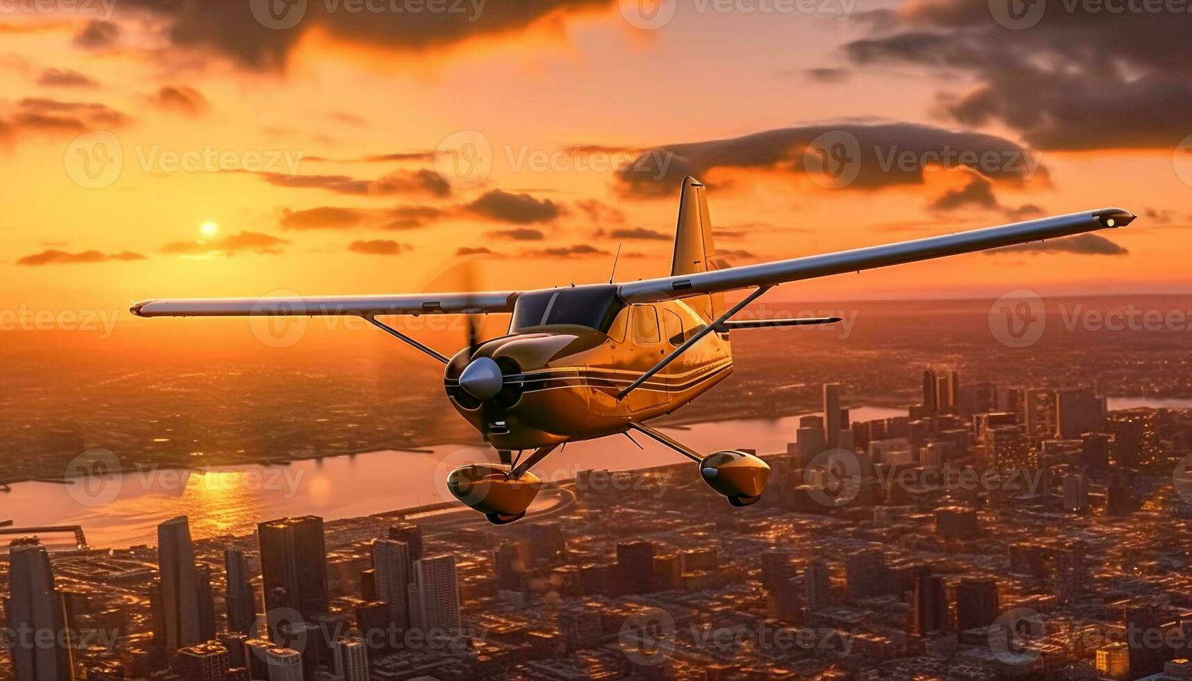 volador avión terminado paisaje urbano a atardecer, capturar aéreo ver de oscuridad generado por ai foto