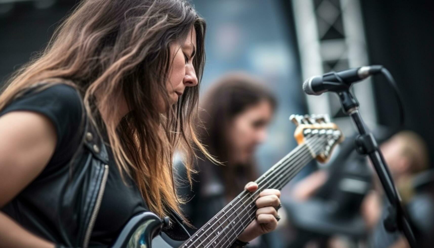 joven adulto guitarrista y cantante ejecutando al aire libre, extensión felicidad y divertido generado por ai foto