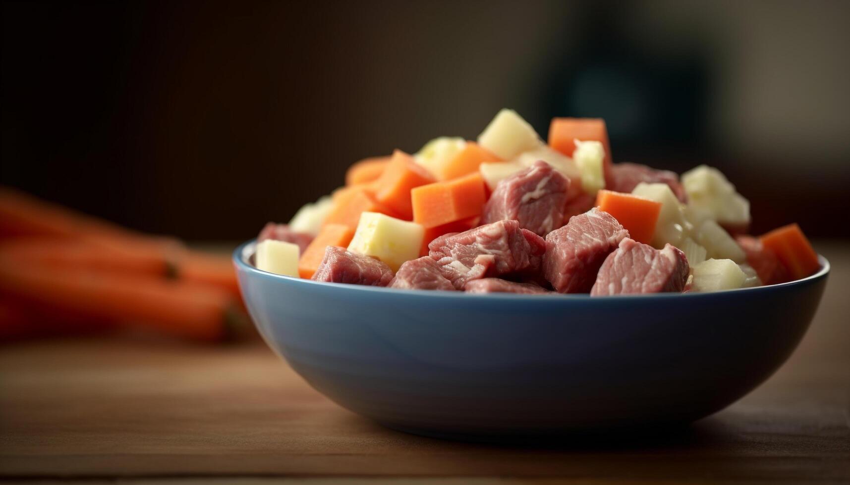 Freshness of meat and vegetables on wooden table, healthy meal generated by AI photo