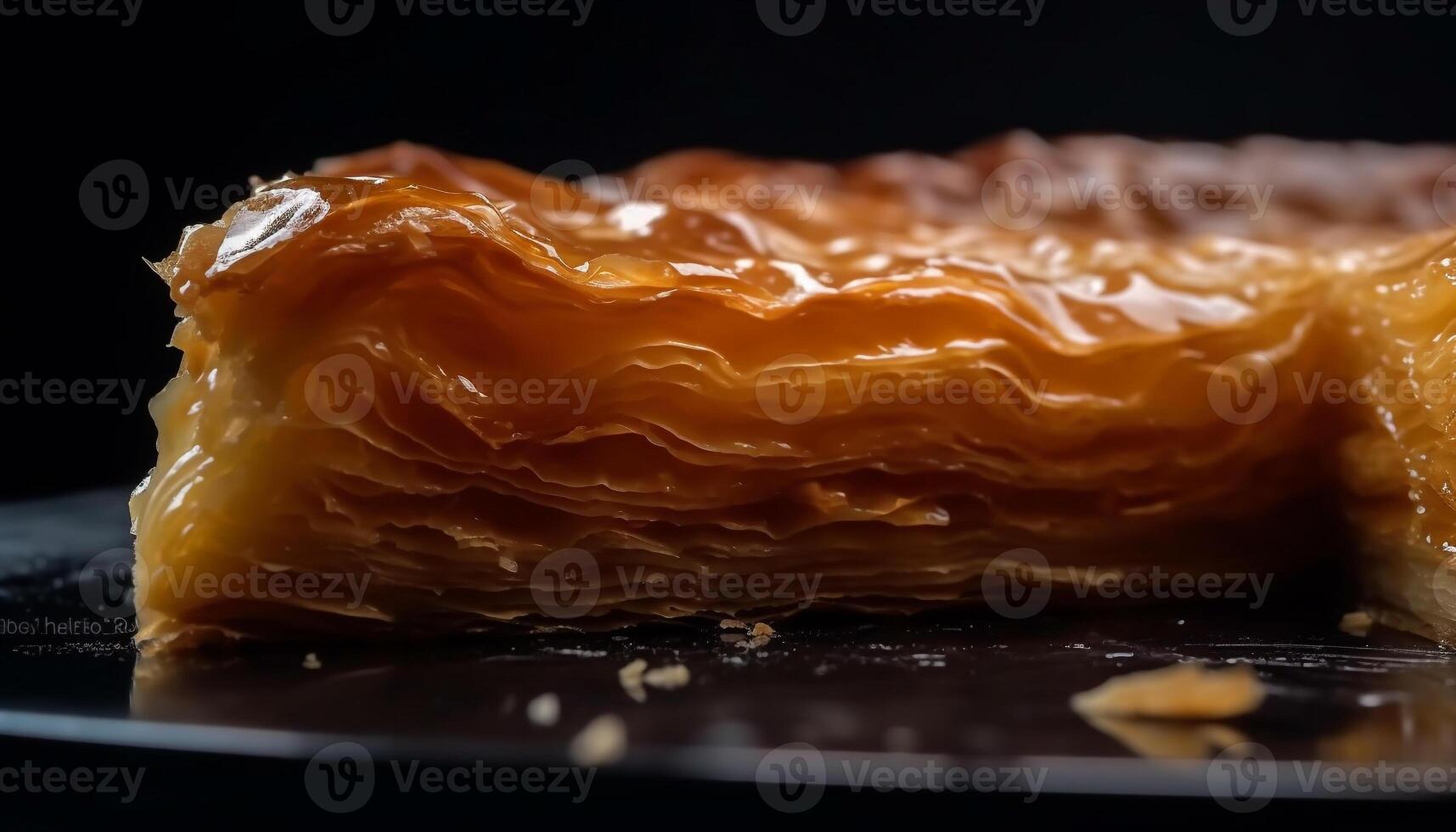 Fresco miel postre, dulce bocadillo, sano gastrónomo comida en de madera plato generado por ai foto