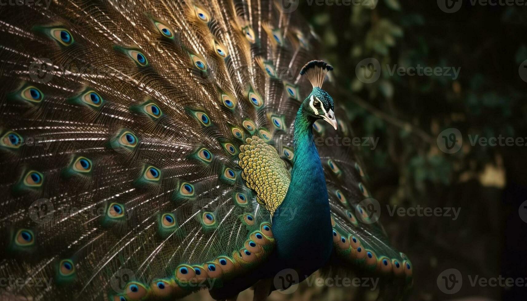 A vibrant peacock displays its majestic beauty in nature generated by AI photo