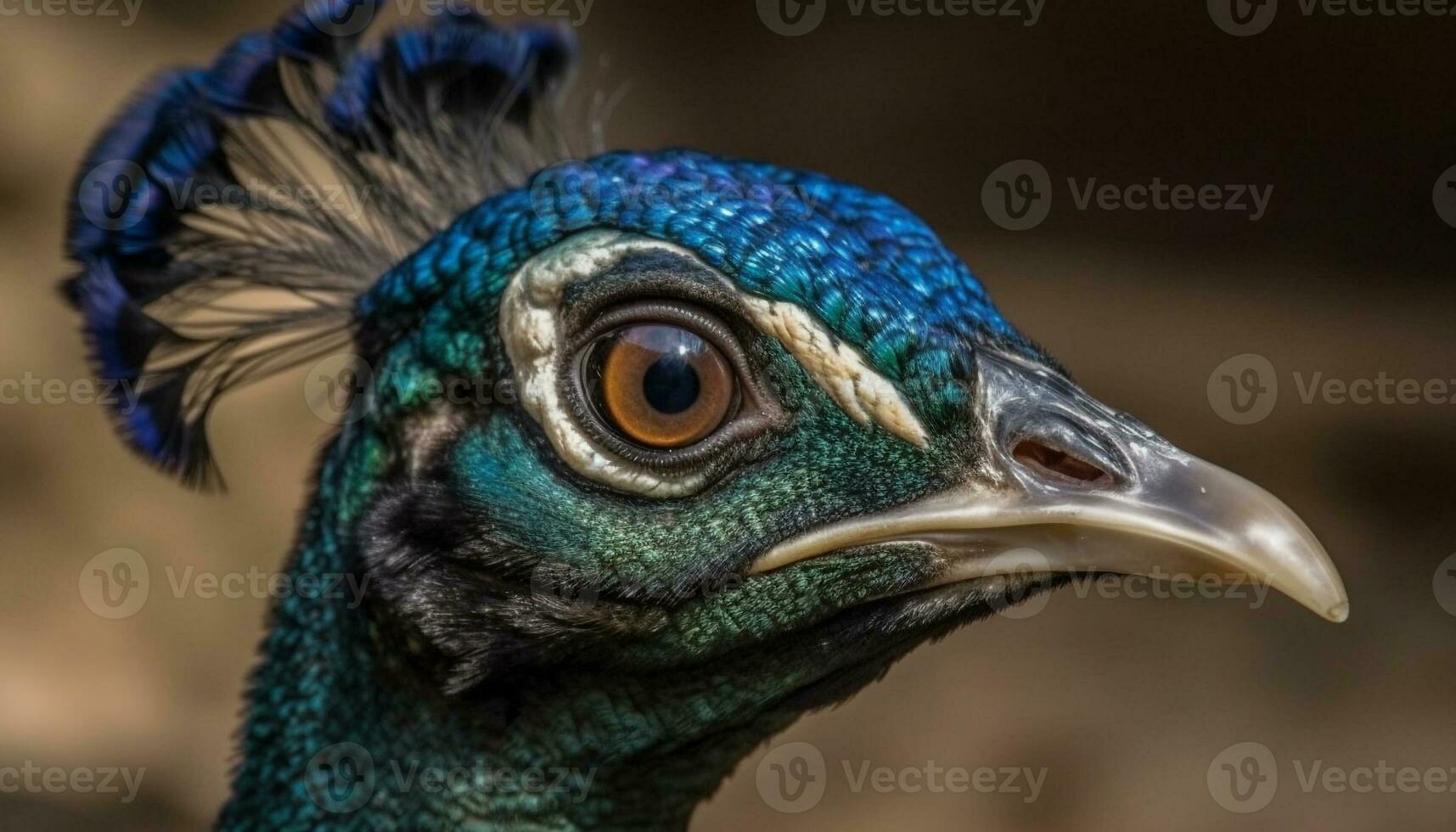 Majestic peacock displays vibrant colors in close up nature portrait generated by AI photo