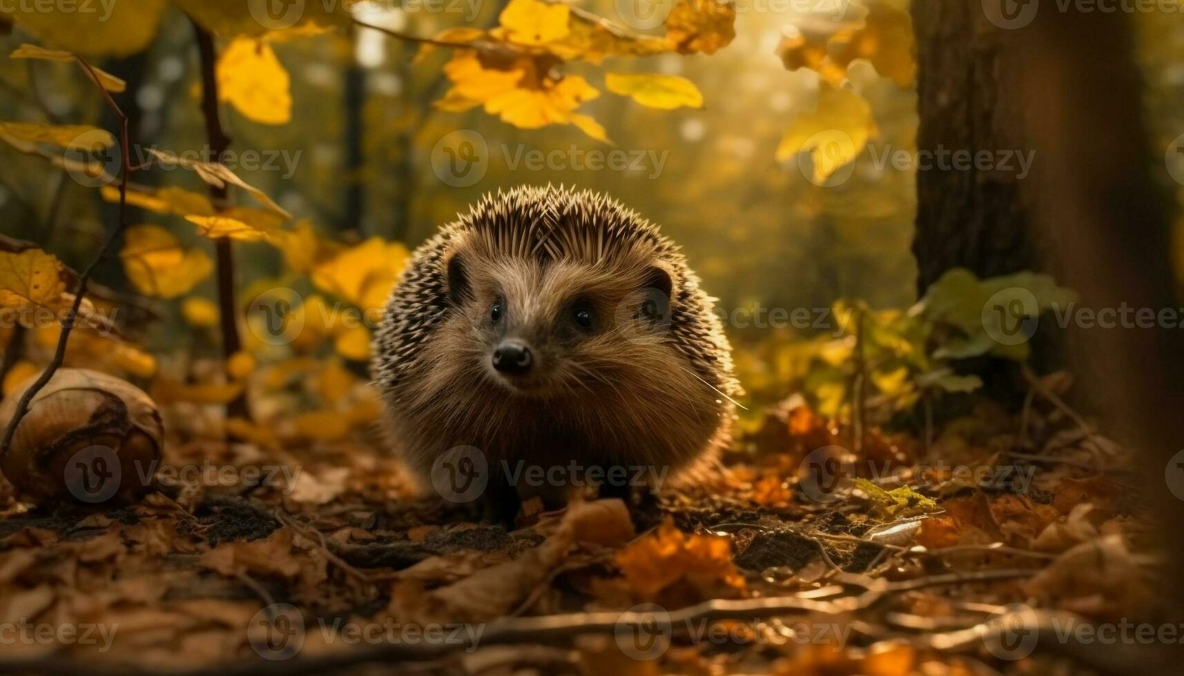 Cute hedgehog sitting on grass, surrounded by autumn leaves generated by AI photo
