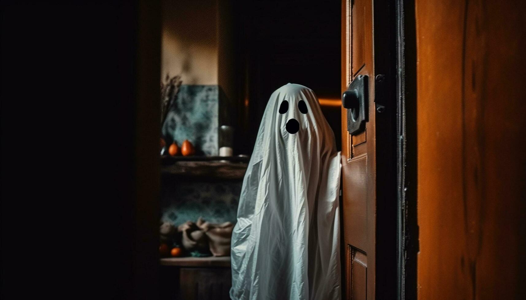 Spooky Halloween night, dark mystery indoors, fear of evil ghost generated by AI photo