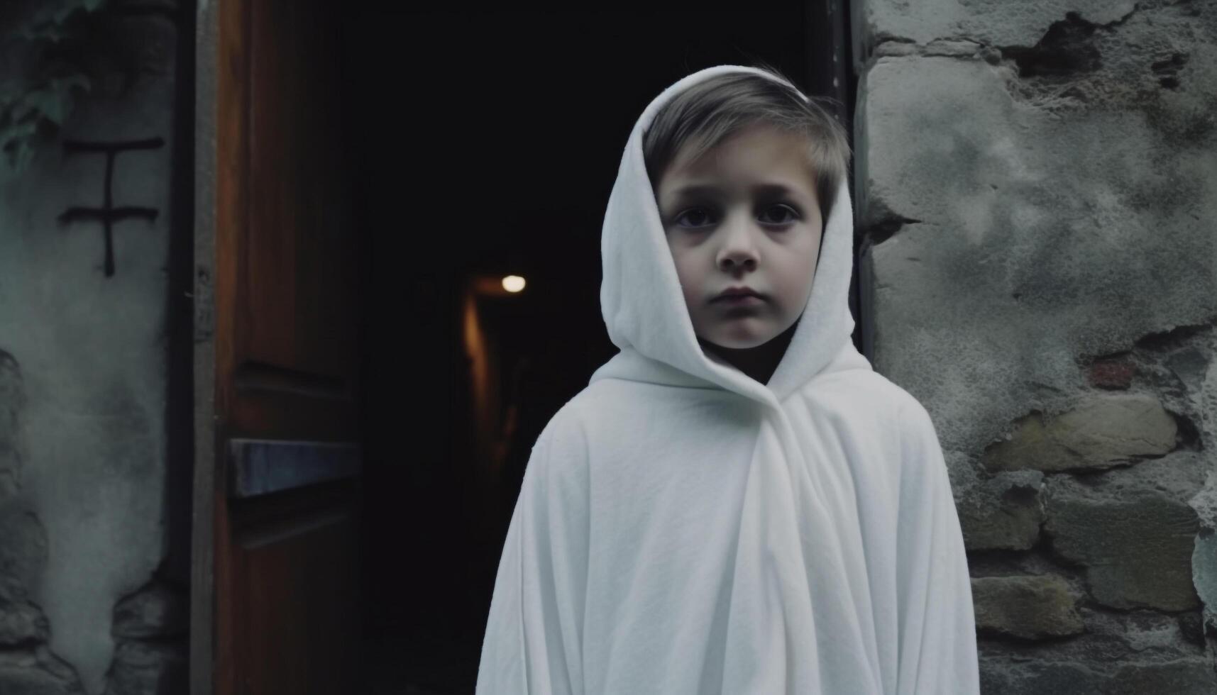 A solitary figure, hooded, stares into the night, haunted by darkness generated by AI photo