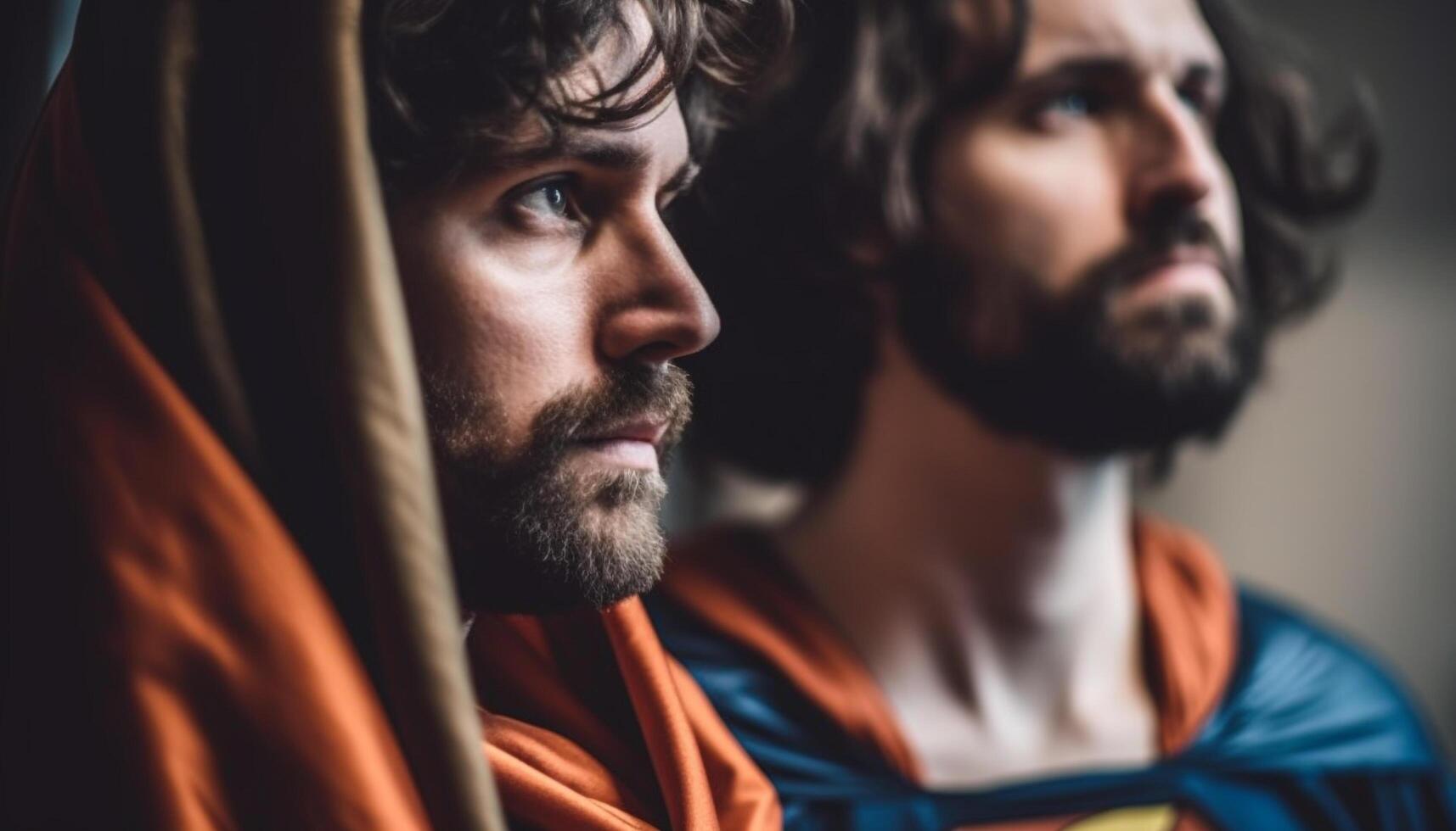 Two young adult males, one with a beard, looking indoors, smiling generated by AI photo