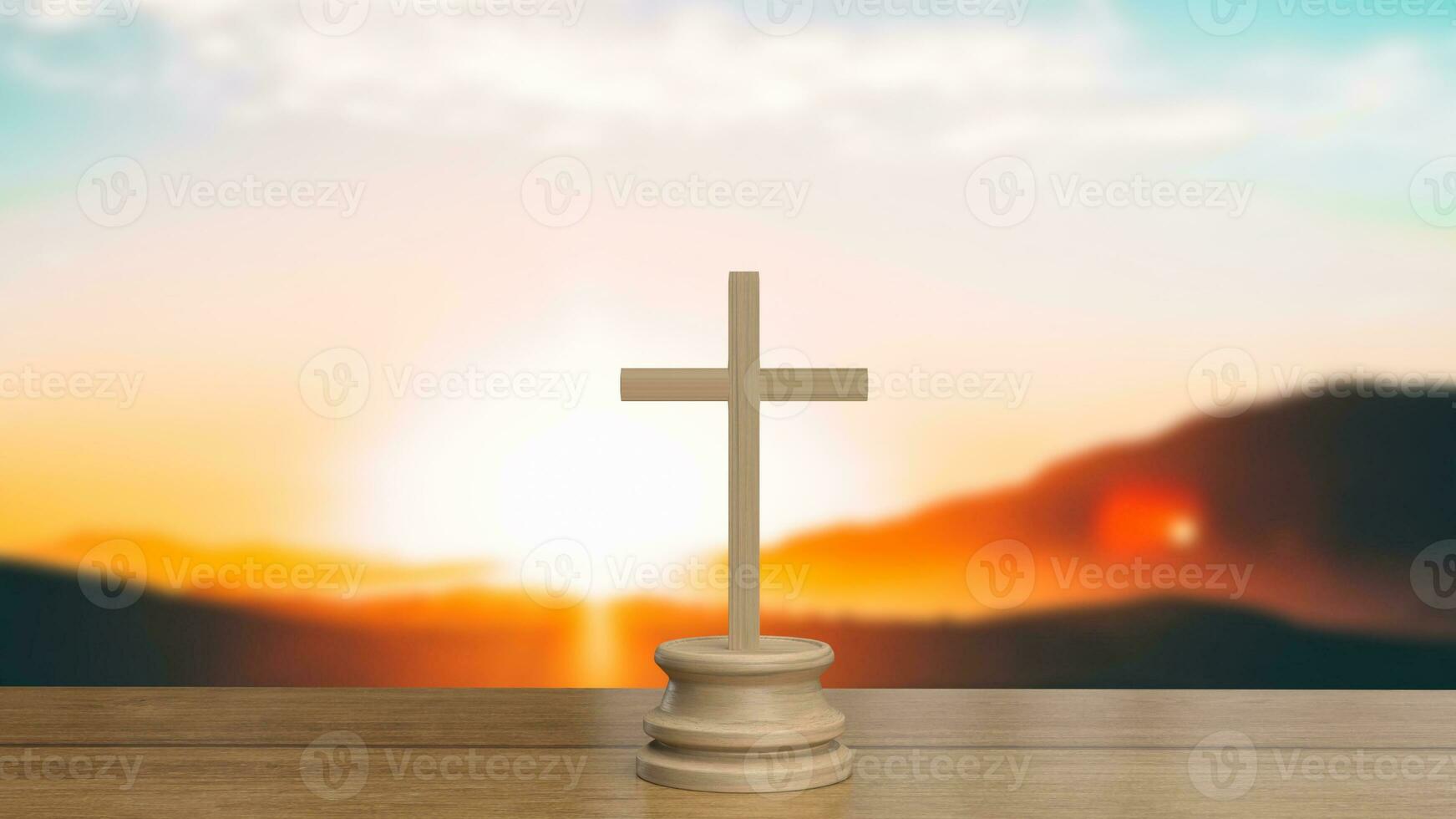 The cross on wood table for religion concept 3d rendering photo