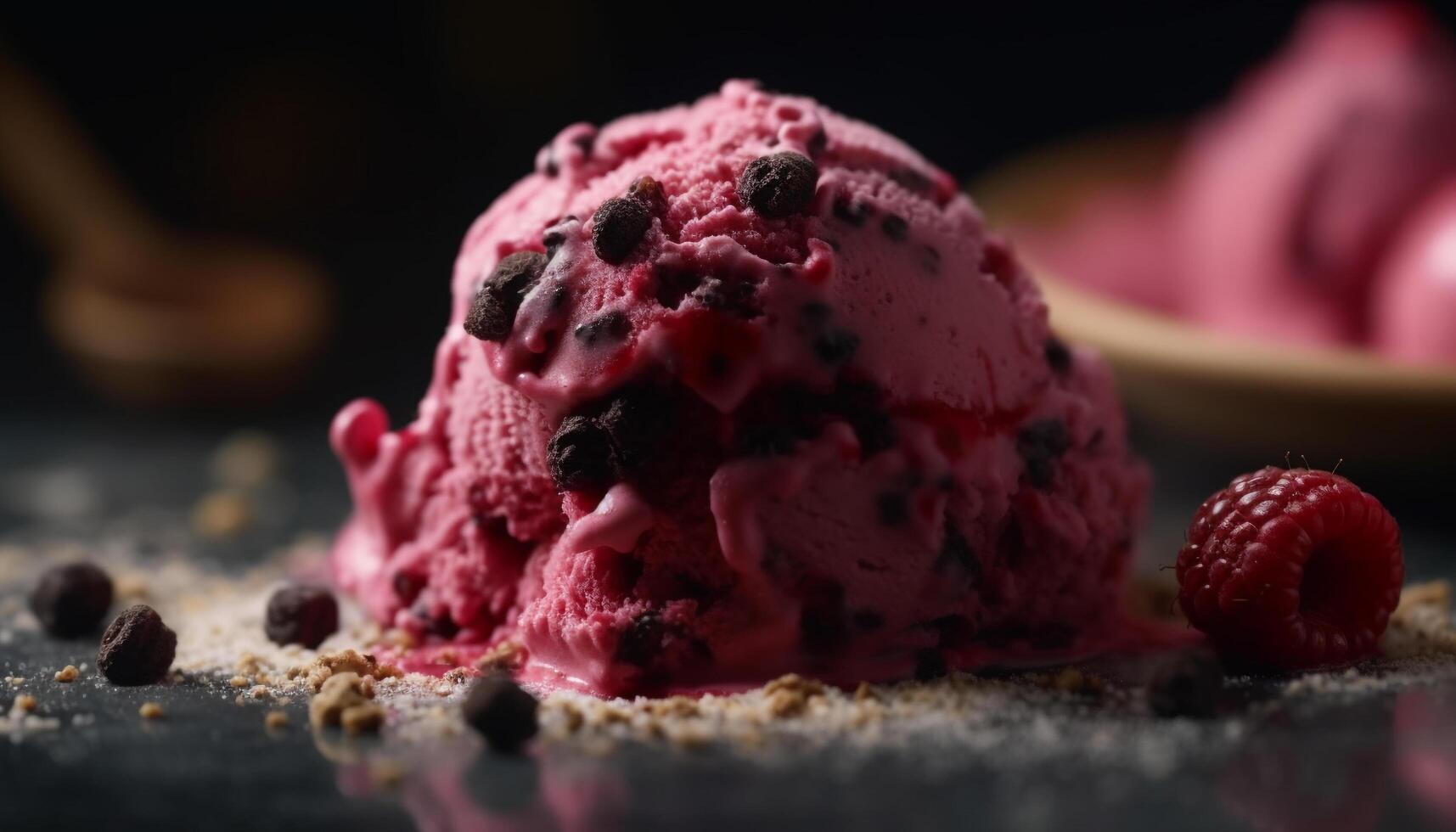 Homemade ice cream sundae with fresh berries on rustic wood generated by AI photo