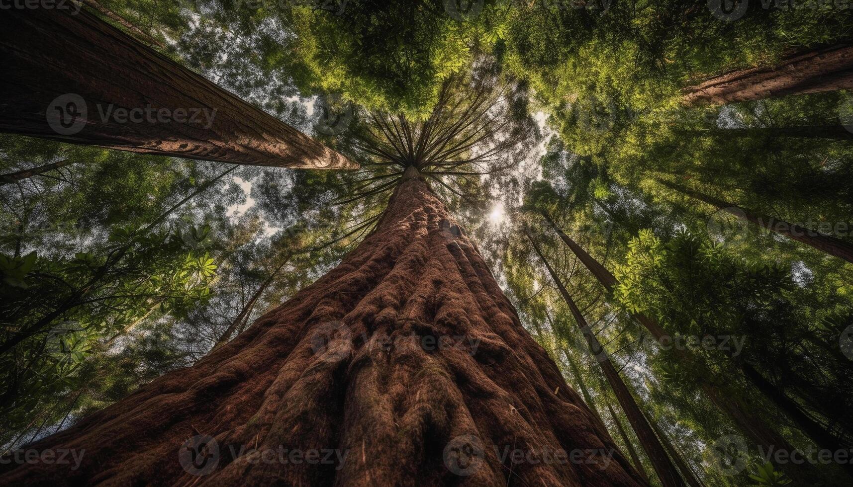 Vibrant green forest, sunlight filters through old coniferous trees generated by AI photo