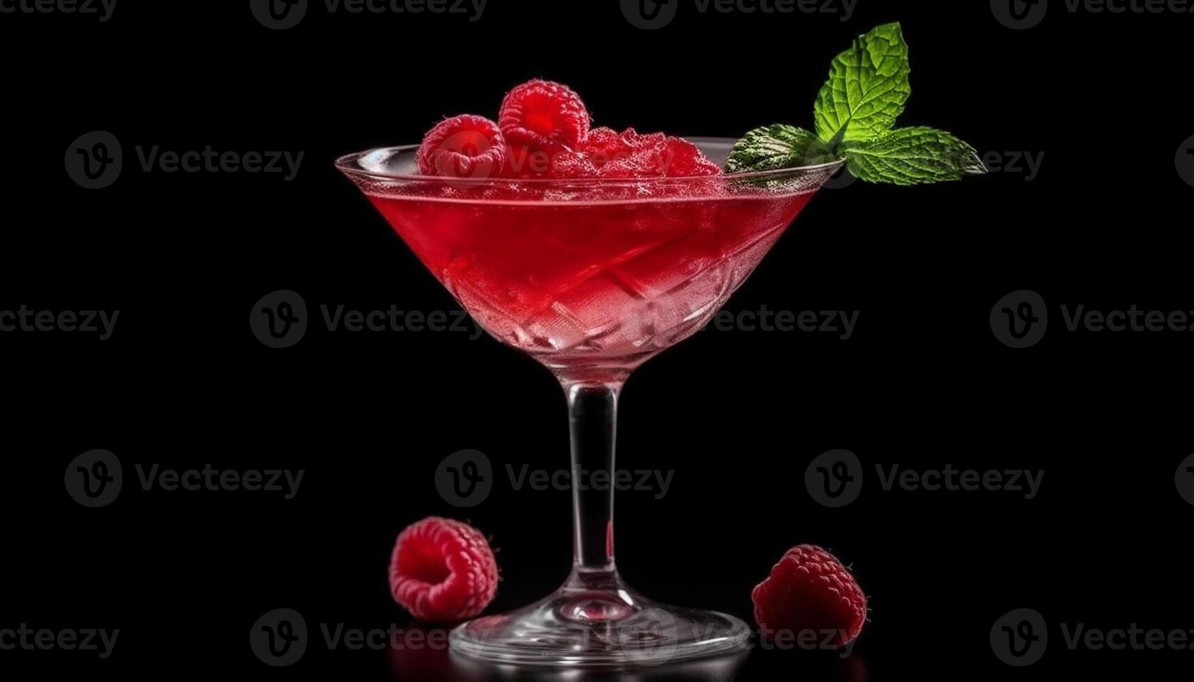 Refreshing raspberry cocktail with mint leaf garnish on black background generated by AI photo
