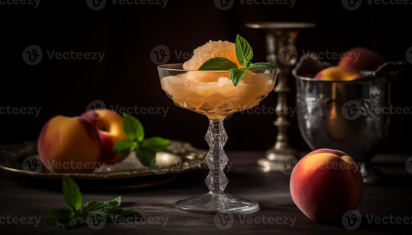 Freshness of fruit and leaf on culinary table, peach dessert generated by AI photo