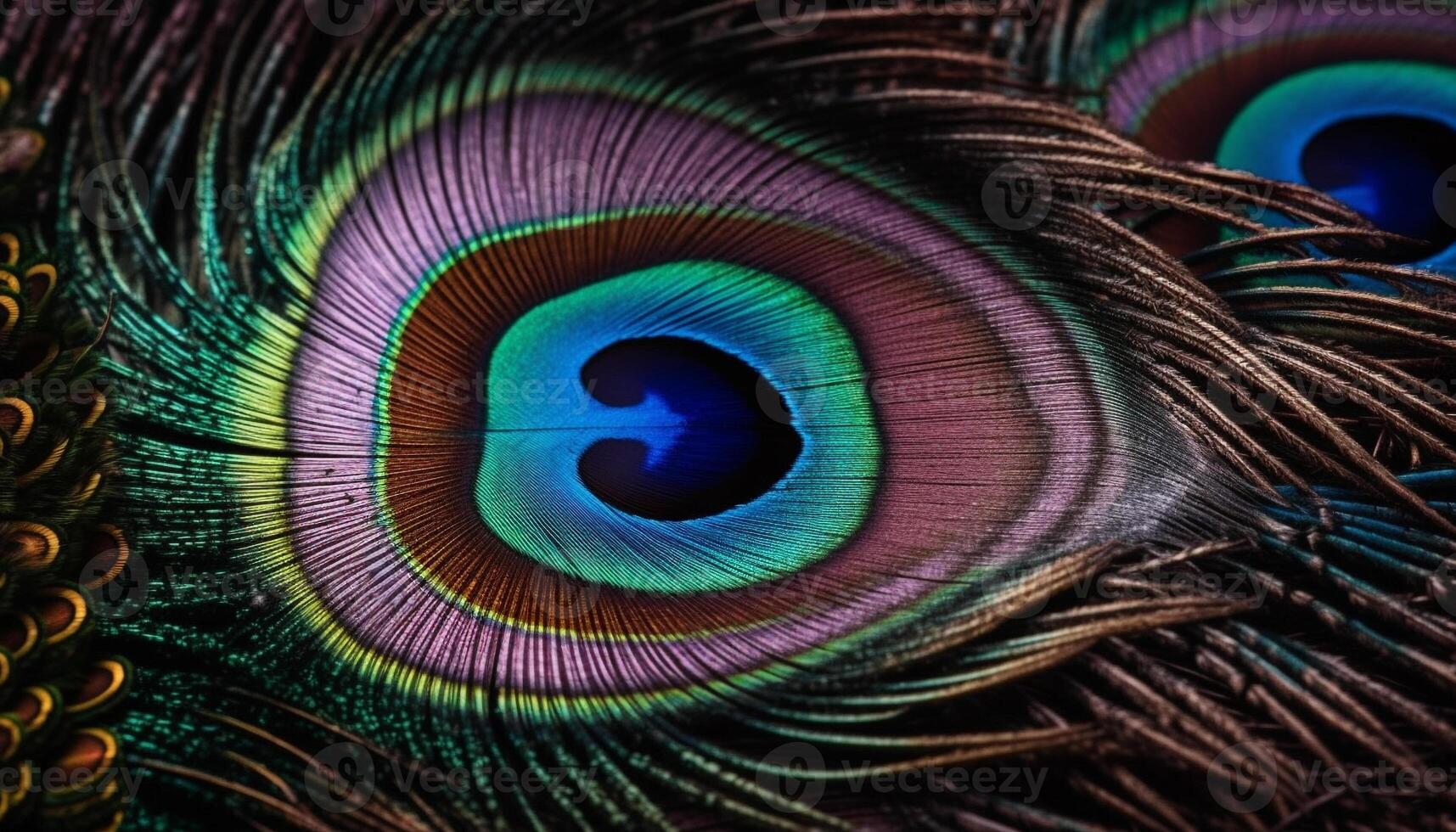 Vibrant colored peacock feather pattern showcases nature beauty and elegance generated by AI photo