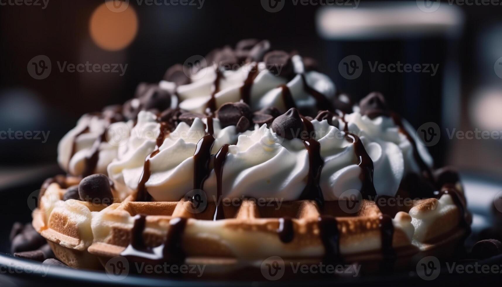 Freshly baked homemade chocolate waffle with whipped cream and fruit generated by AI photo