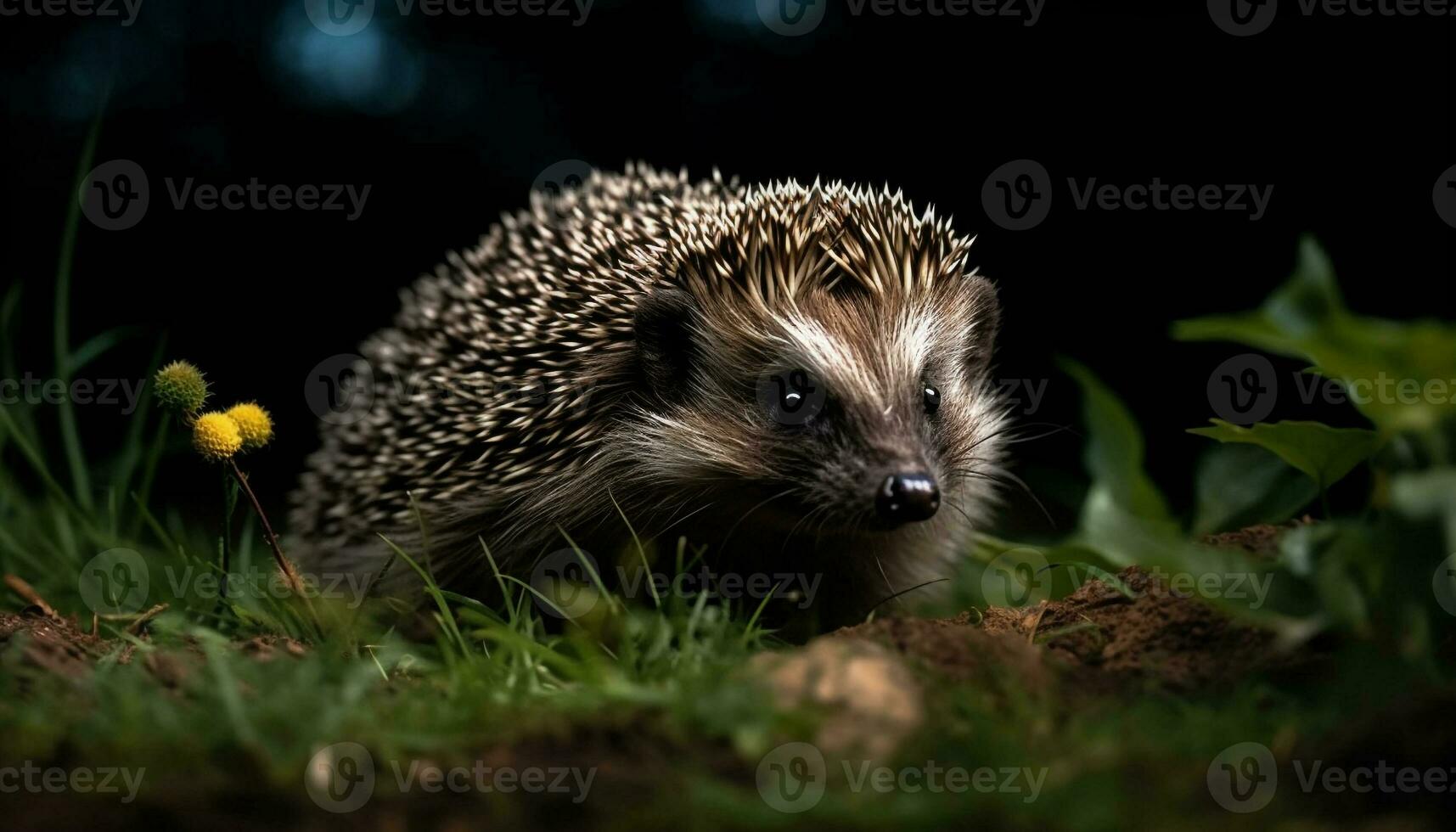 Cute hedgehog in nature, small mammal with bristled fur generated by AI photo