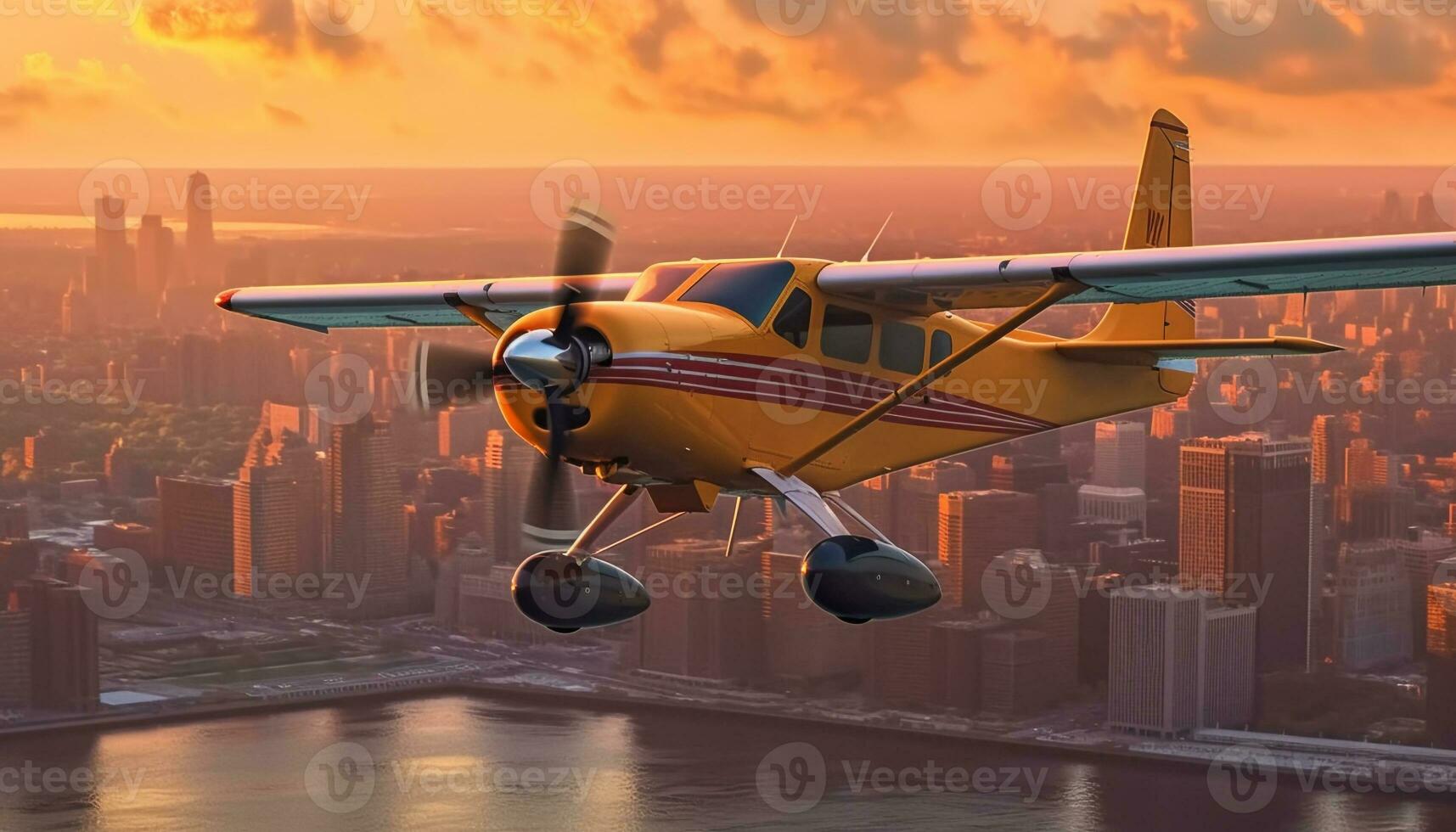 Flying airplane propeller transportation helicopter over cityscape skyscraper at dusk generated by AI photo