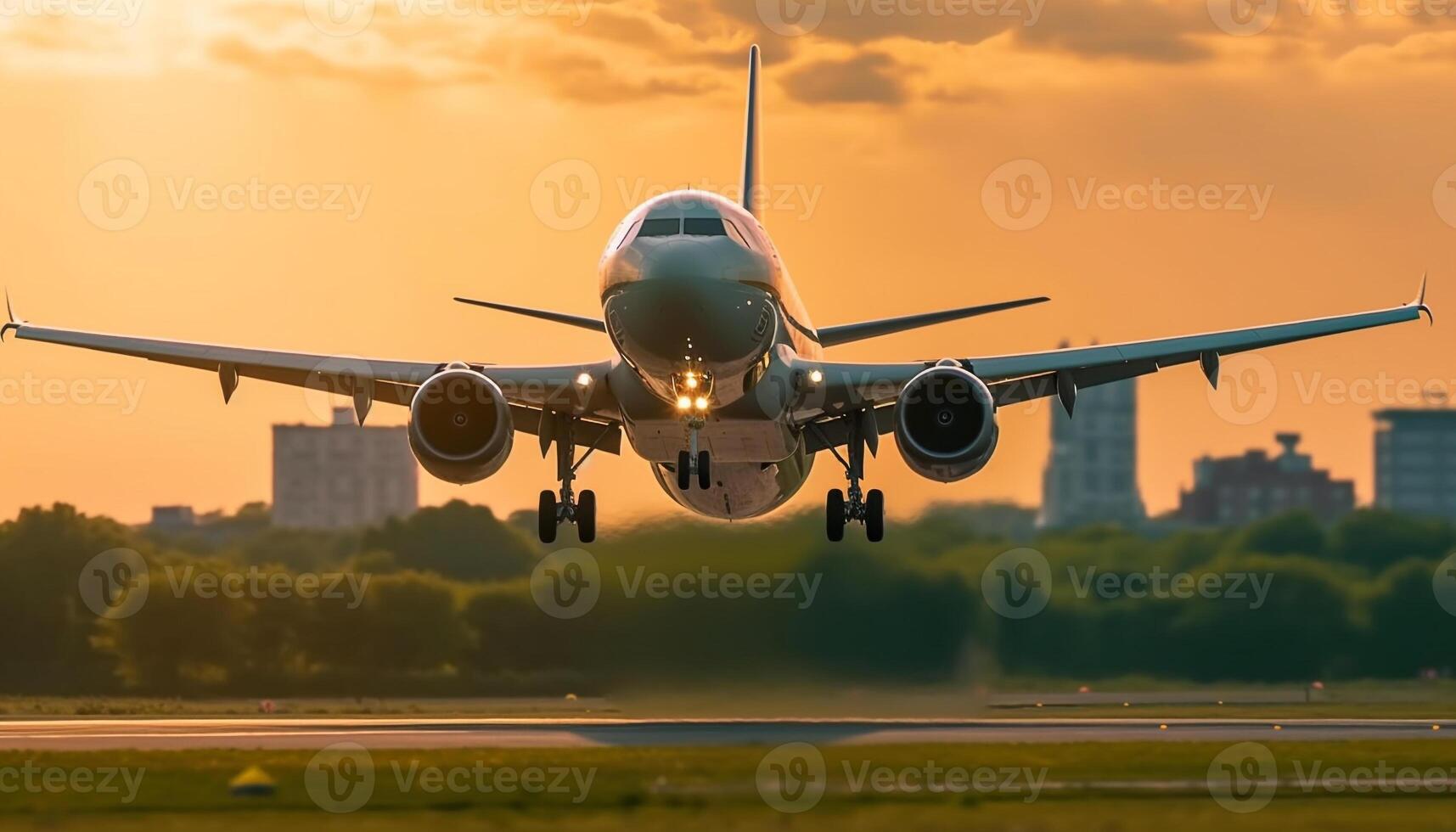 Commercial airplane taking off at dusk, transporting passengers to travel destinations generated by AI photo