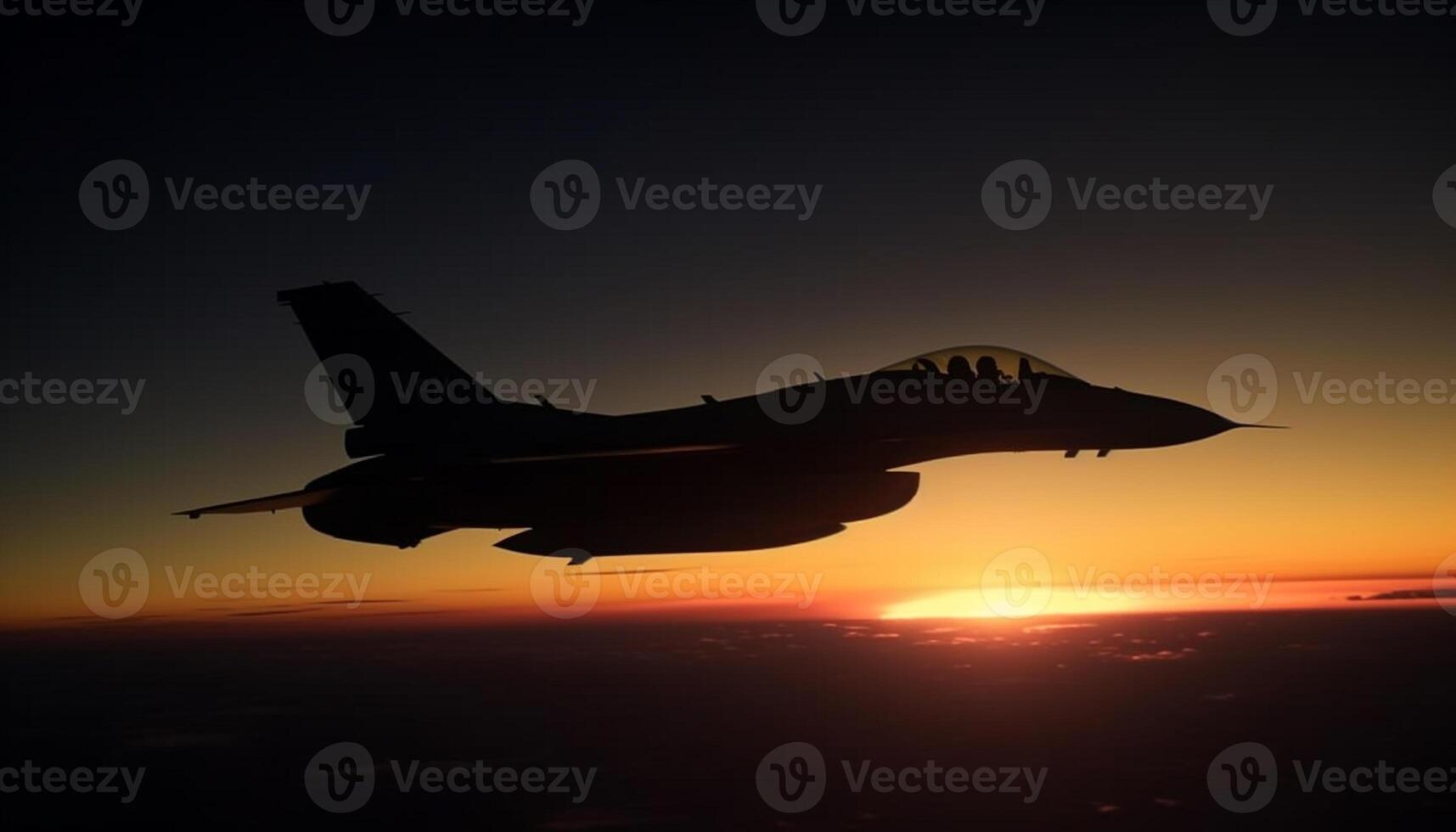 volador militar avión en puesta de sol cielo, armado efectivo escaparate poder aéreo generado por ai foto