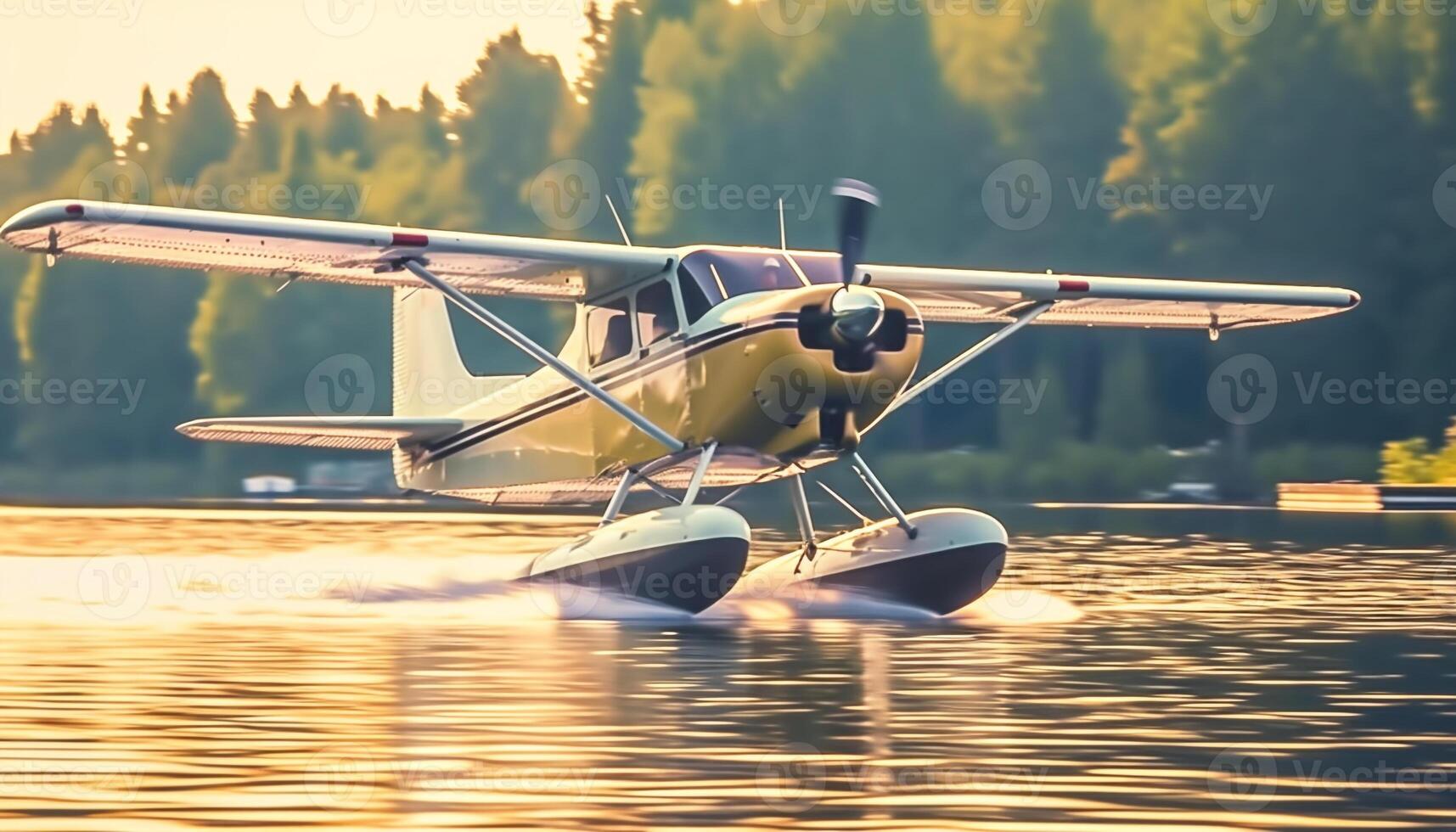 Propeller plane flying over water, nature luxury adventure in summer generated by AI photo