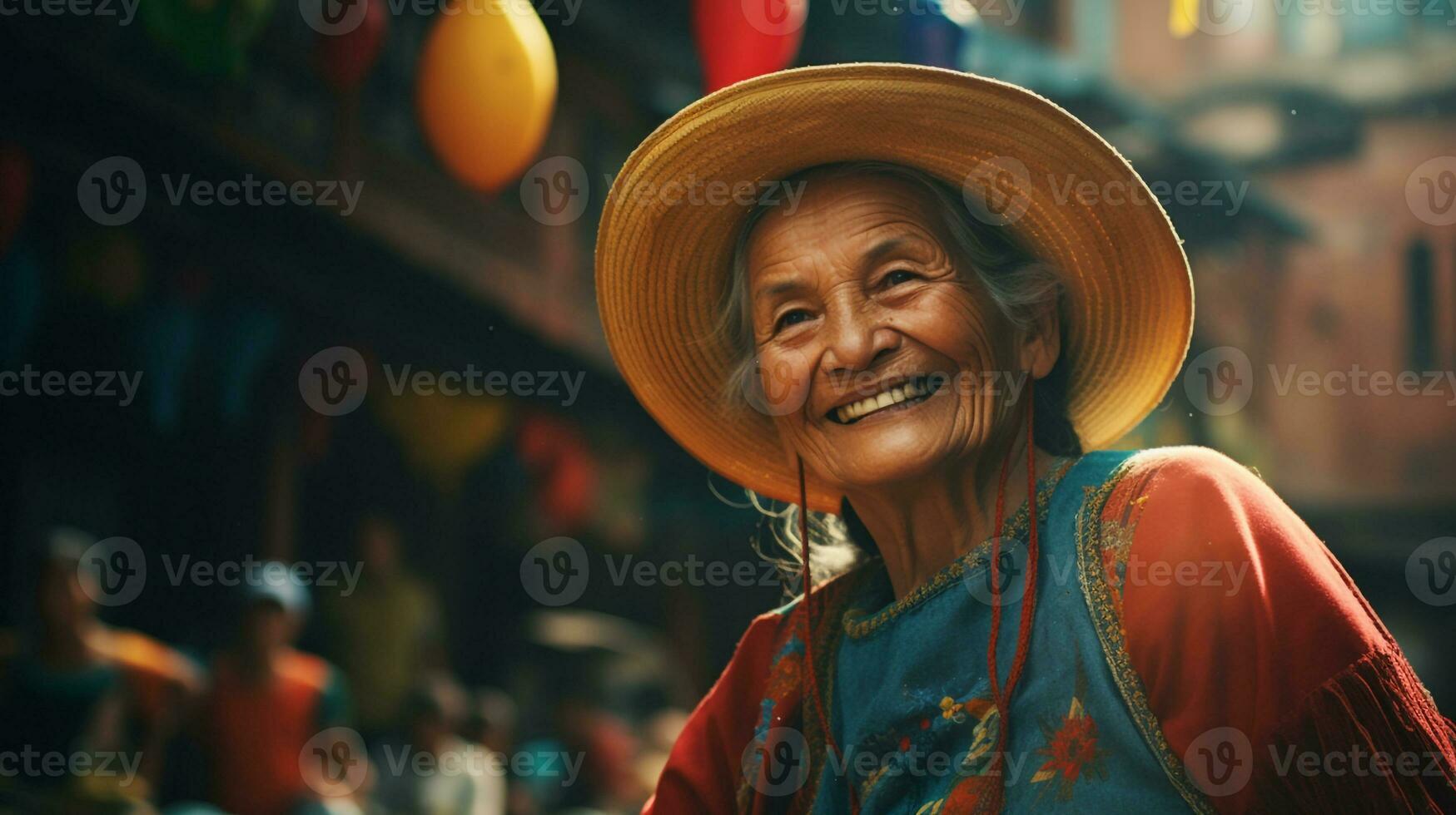 Happy face of Grandmother celebrate Dia de la Raza. Generative AI photo