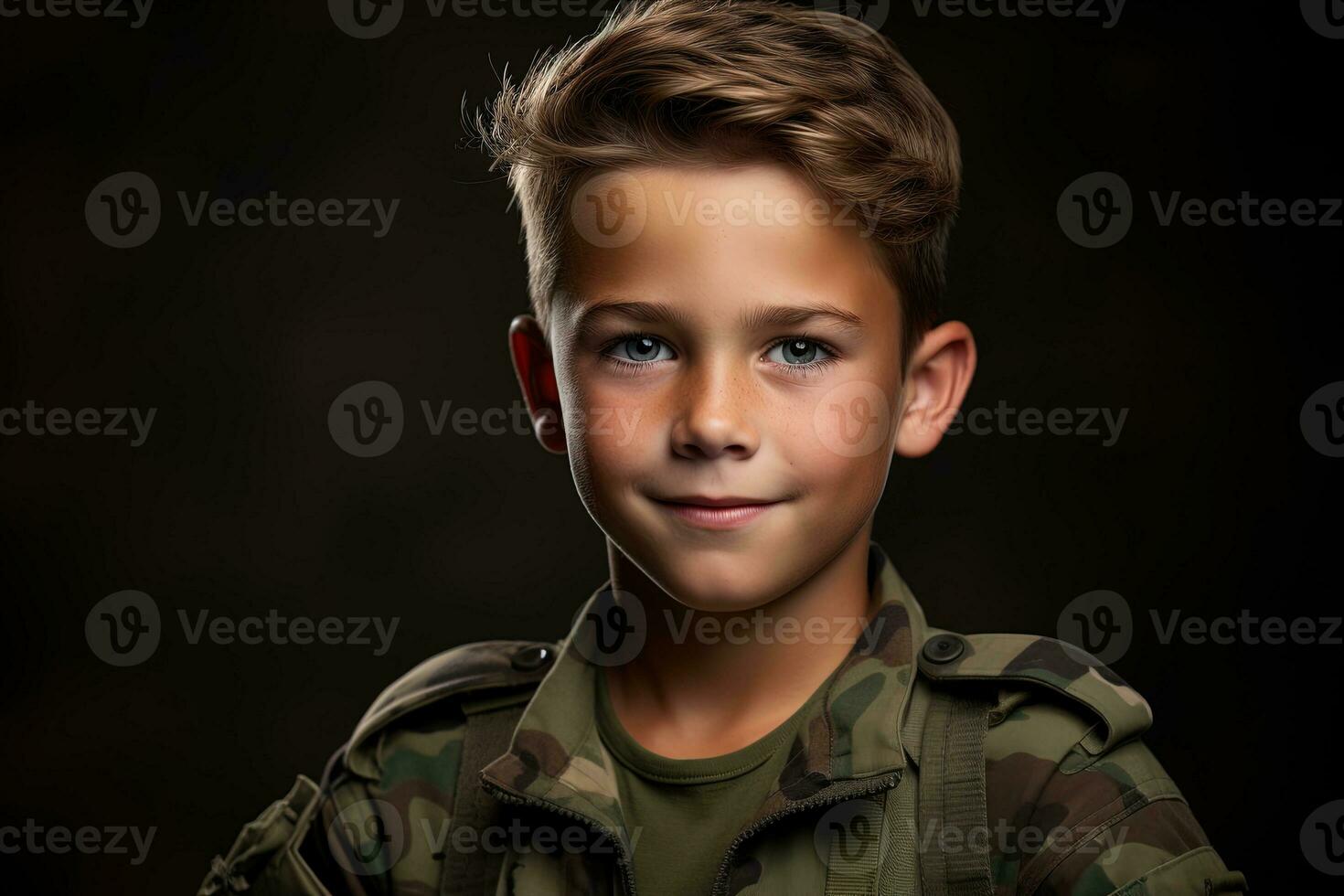 Portrait of a cute little boy in military uniform on dark background AI Generated photo