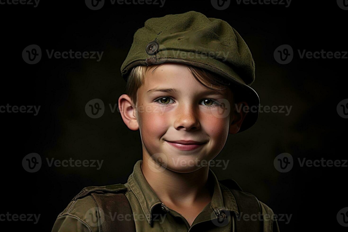 retrato de un linda pequeño chico en militar uniforme en oscuro antecedentes ai generado foto