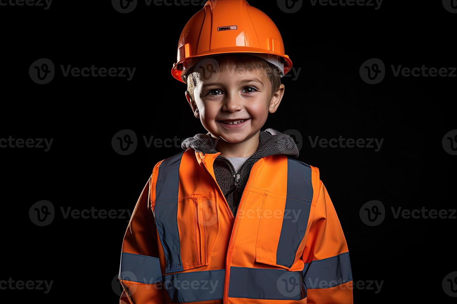 retrato de un linda pequeño chico en un construcción casco ai generado foto