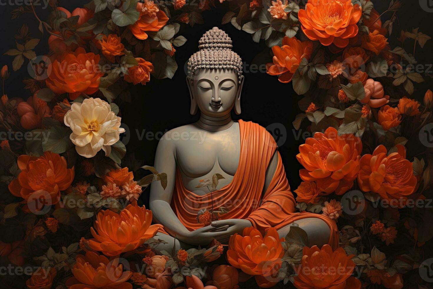 Buddha statue surrounded by orange flowers on a black background AI Generated photo